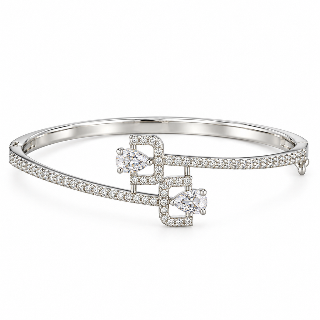 Elegant Silver-Tone Crystal Double-Band Bracelet | سوار أنيق بلون فضي مرصع بالكريستال بتصميم مزدوج