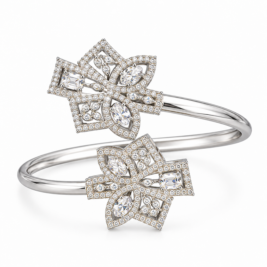 Elegant Crystal Floral Open Cuff Bracelet for Women | سوار نسائي مفتوح بتصميم زهري مرصع بالكريستال