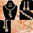 Gold-Tone Teardrop Crystal Necklace & Earrings Set | طقم عقد وأقراط كريستالي بتصميم الدمعة ولون ذهبي
