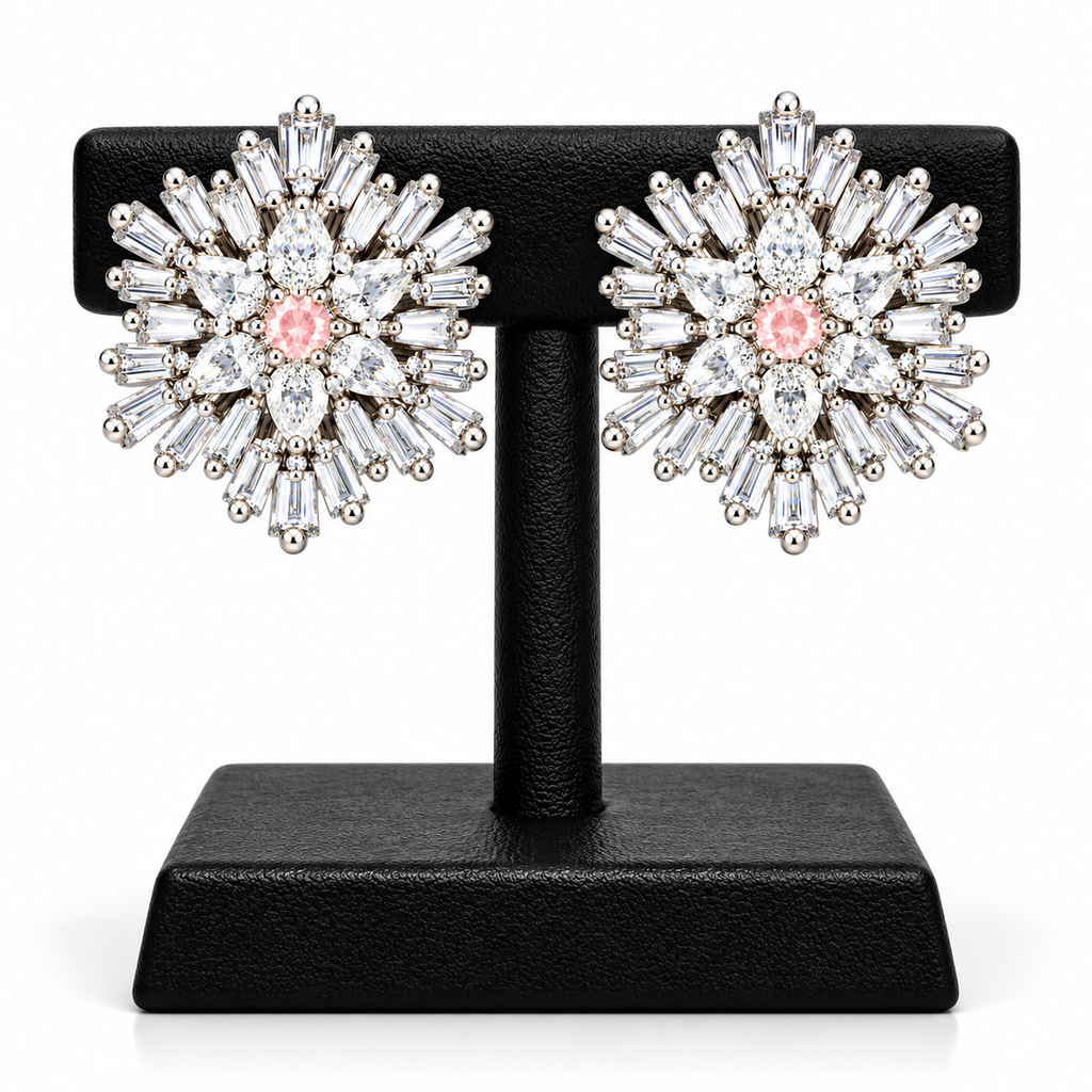 Starburst Crystal Stud Earrings with Pink Centre Stone | أقراط كريستالية بتصميم النجمة وحجر وردي مركزي