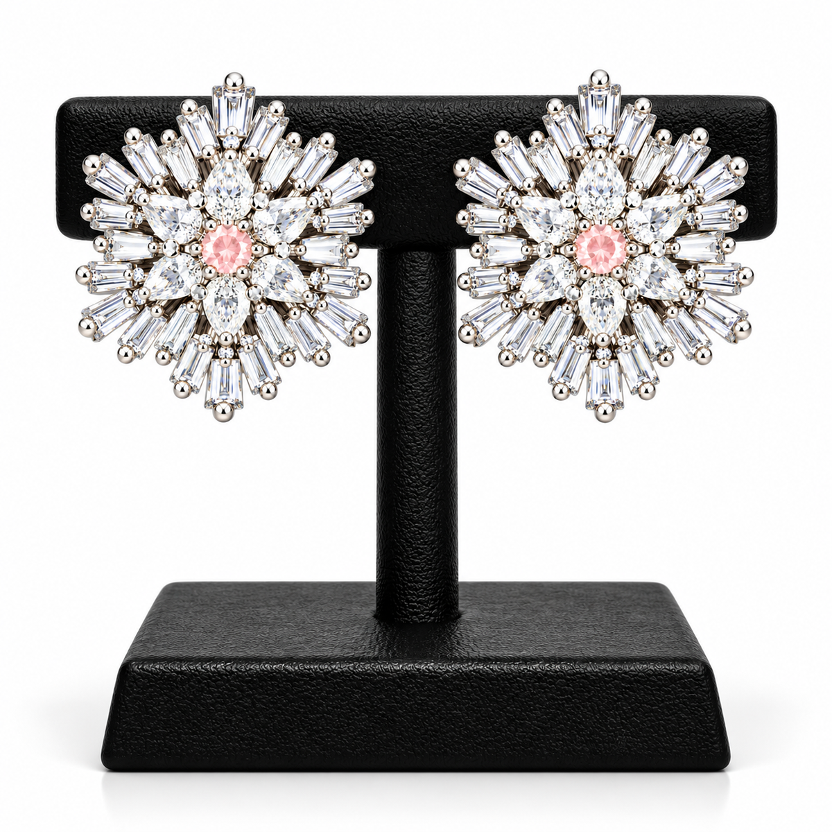 Starburst Crystal Stud Earrings with Pink Centre Stone | أقراط كريستالية بتصميم النجمة وحجر وردي مركزي