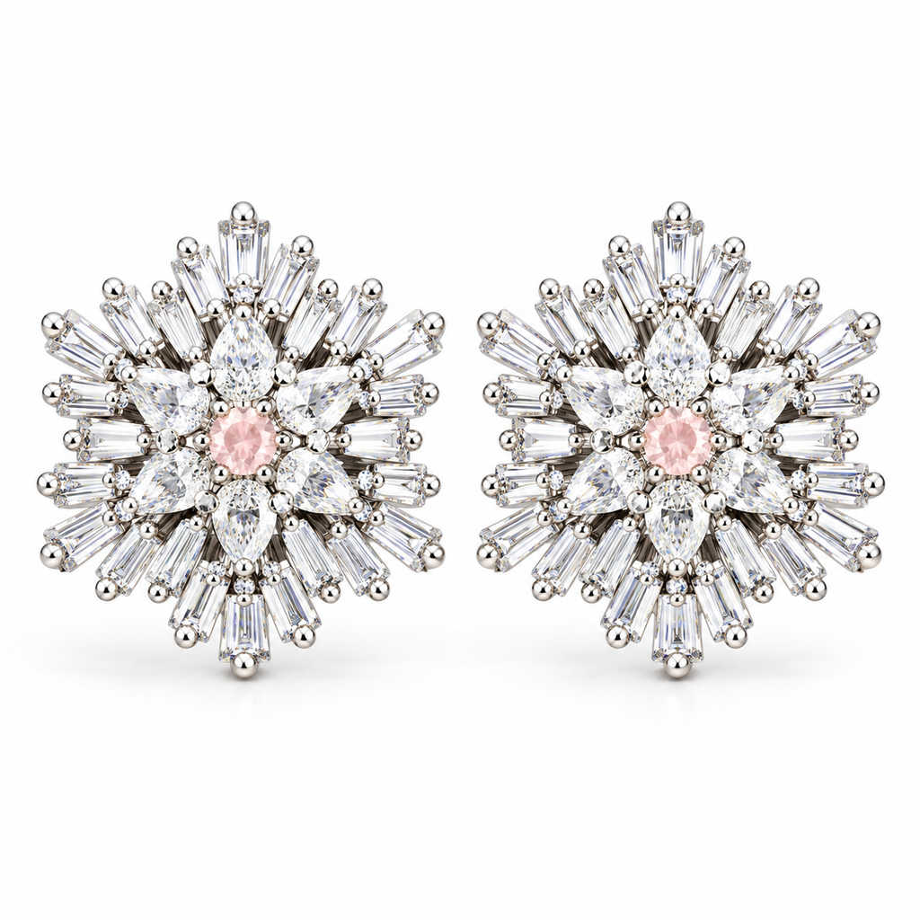 Starburst Crystal Stud Earrings with Pink Centre Stone | أقراط كريستالية بتصميم النجمة وحجر وردي مركزي