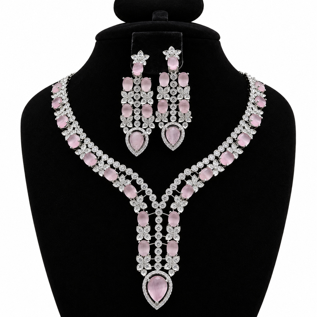 Elegant Crystal Chandelier Necklace & Earrings Set | طقم عقد وأقراط كريستالي أنيق بتصميم متدلي