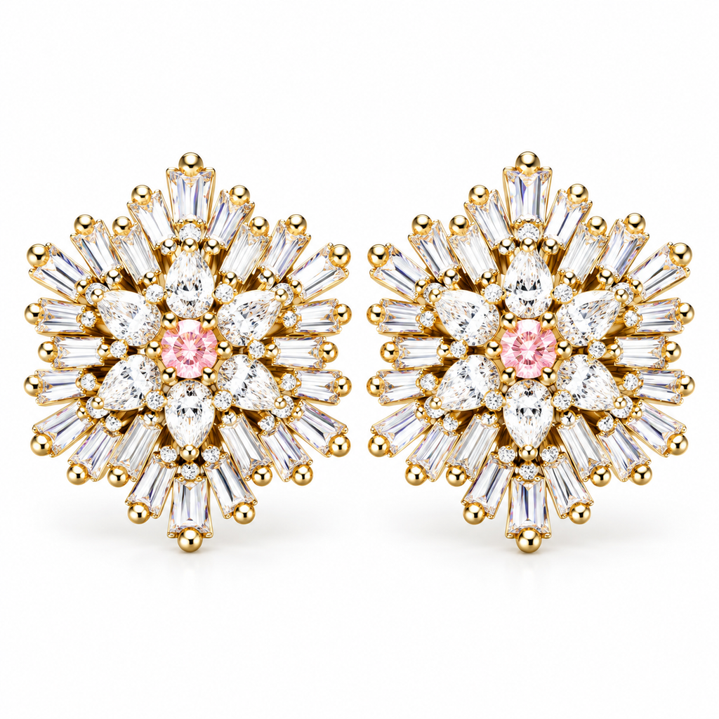 Starburst Crystal Stud Earrings with Pink Centre Stone | أقراط كريستالية بتصميم النجمة وحجر وردي مركزي