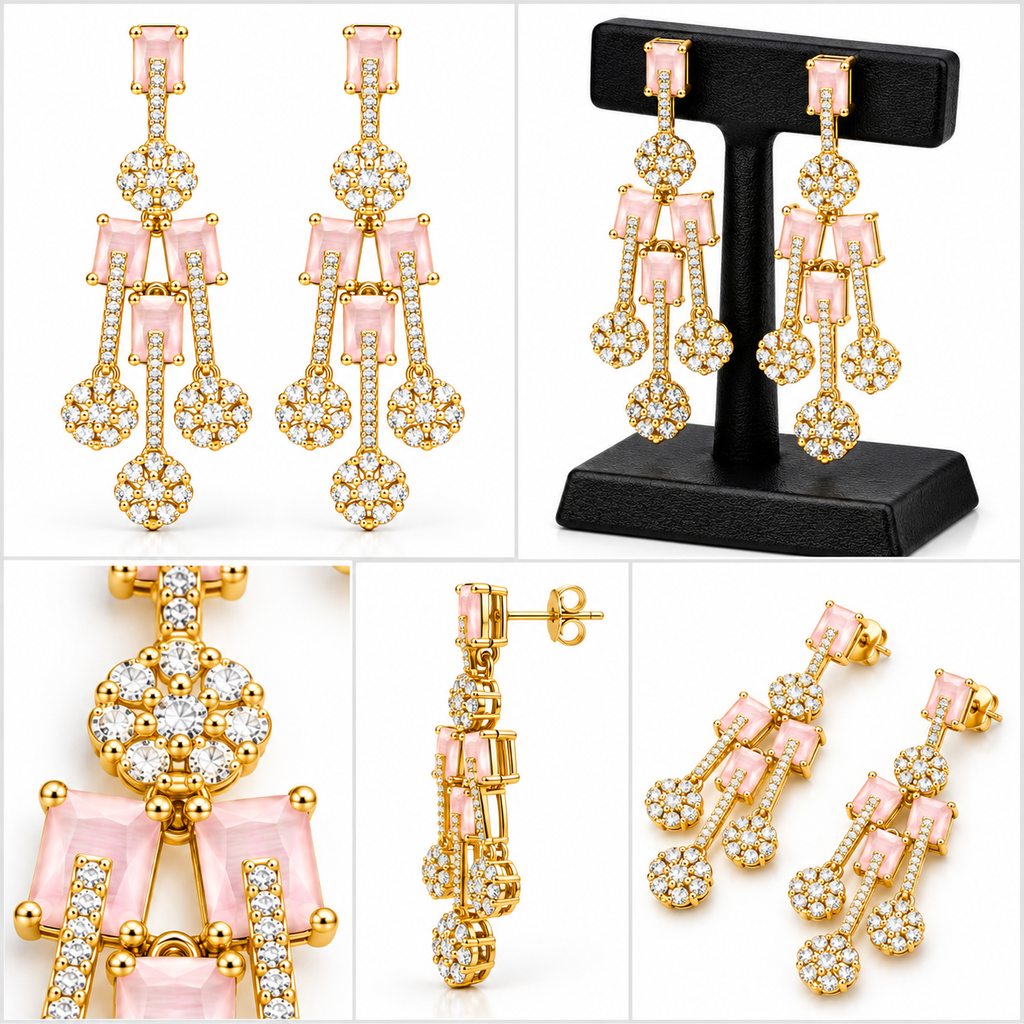 Pink Crystal Gold-Tone Drop Earrings | أقراط متدلية بلون ذهبي مع كريستال وردي