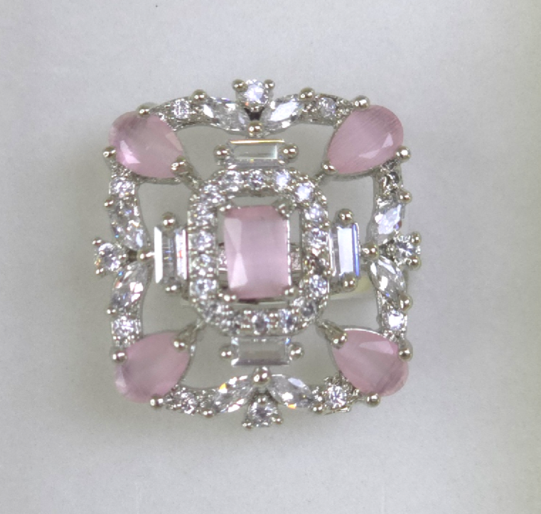 Square Pink Stone Silver Ring with Cubic Zirconia
