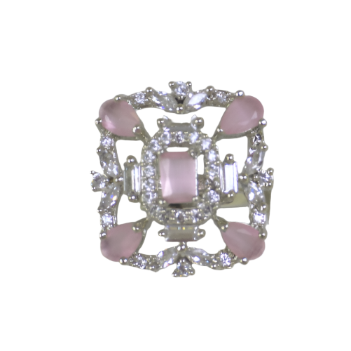 Square Pink Stone Silver Ring with Cubic Zirconia