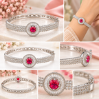 Ruby Red Crystal Halo Silver-Tone Bangle Bracelet | سوار مفتوح باللون الفضي مرصع بكريستال أحمر ياقوتي