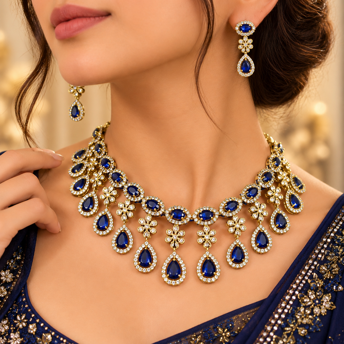 Royal Blue Teardrop Chandelier Necklace & Earrings Set | طقم عقد وأقراط متدلية بتصميم ملكي أنيق