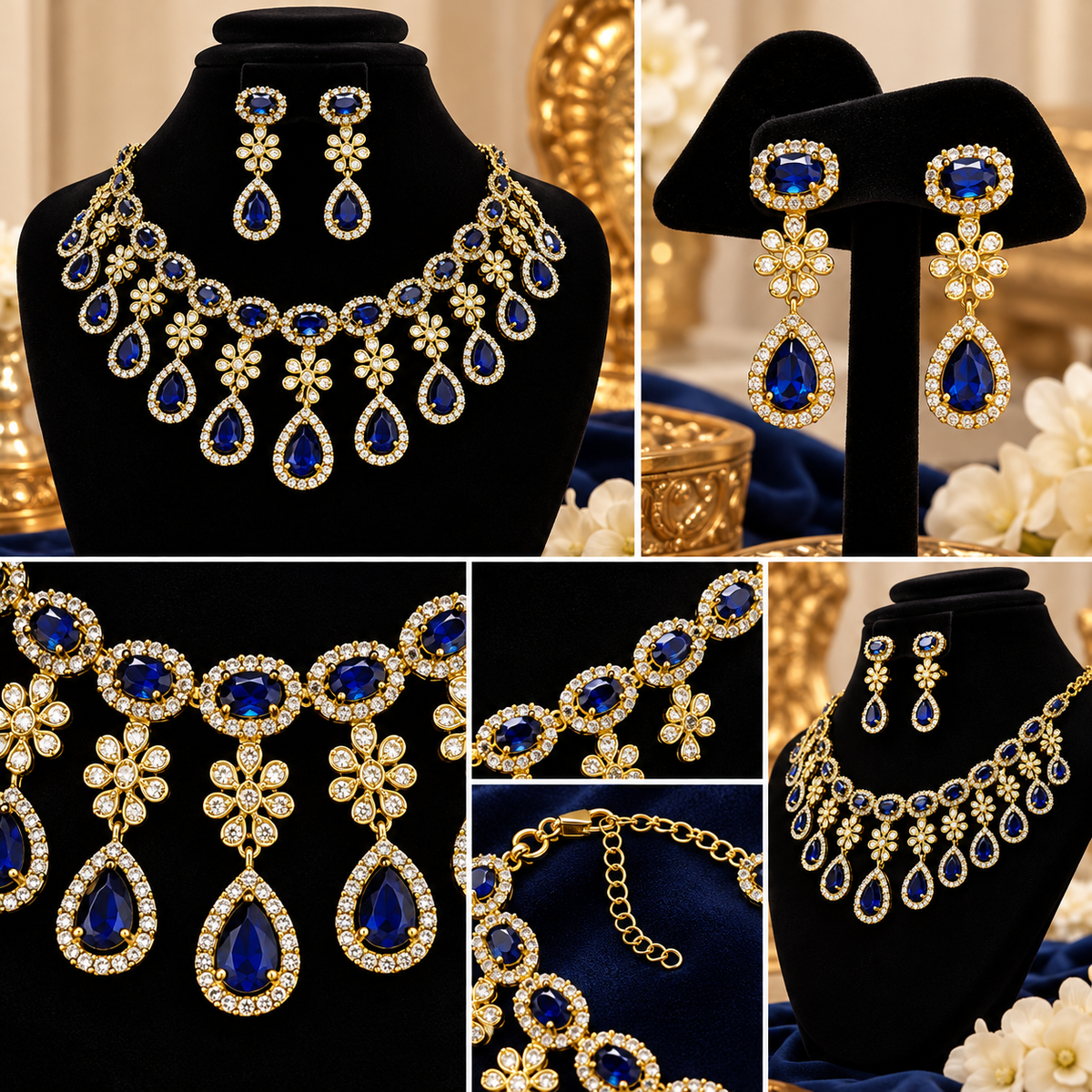 Royal Blue Teardrop Chandelier Necklace & Earrings Set | طقم عقد وأقراط متدلية بتصميم ملكي أنيق