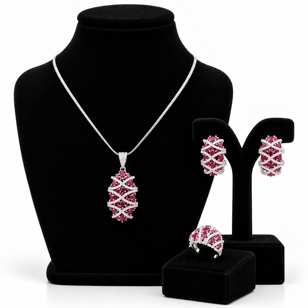 Ruby Red Pendant, Earrings & Ring Set | طقم قلادة وأقراط وخاتم باللون الأحمر الياقوتي