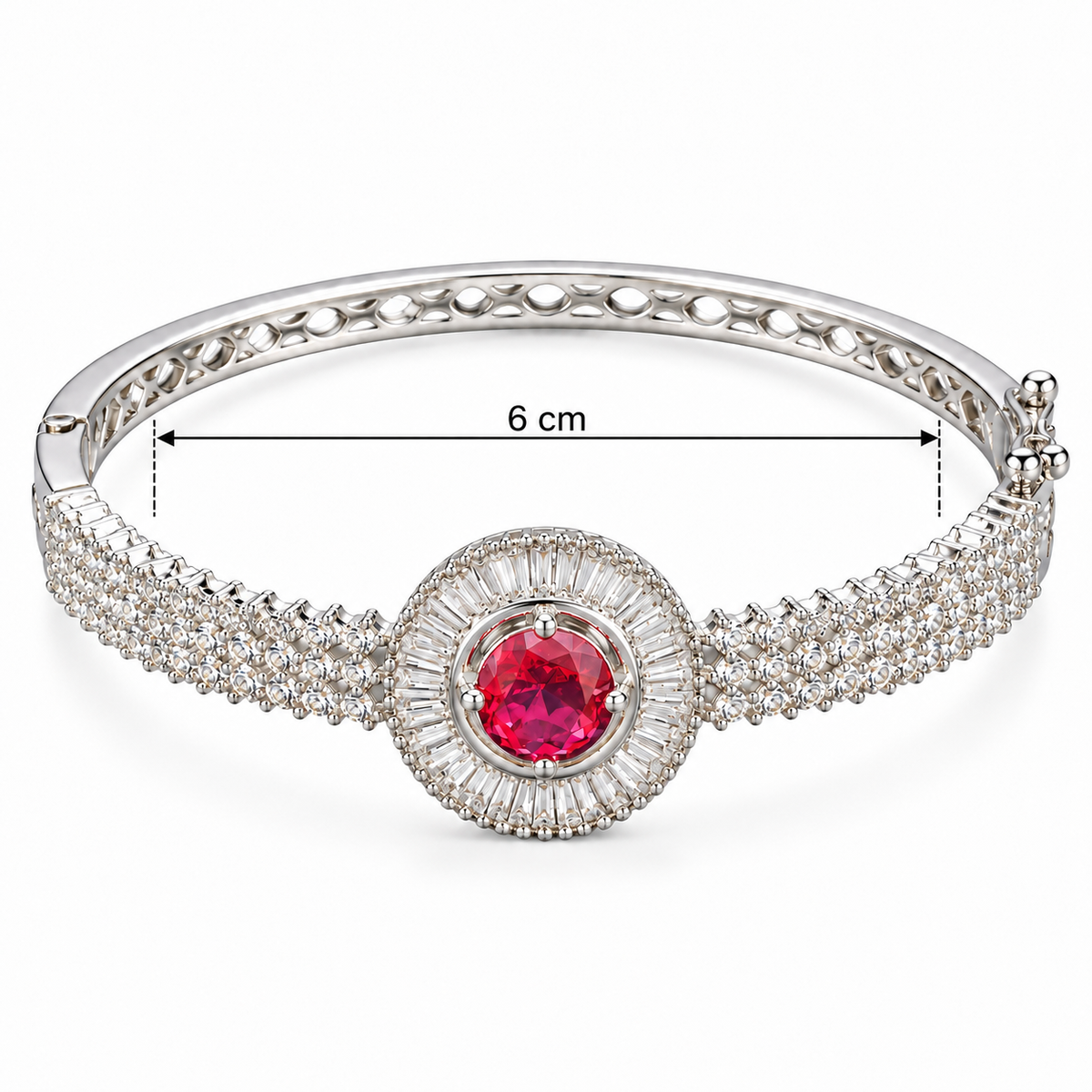 Ruby Red Crystal Halo Silver-Tone Bangle Bracelet | سوار مفتوح باللون الفضي مرصع بكريستال أحمر ياقوتي