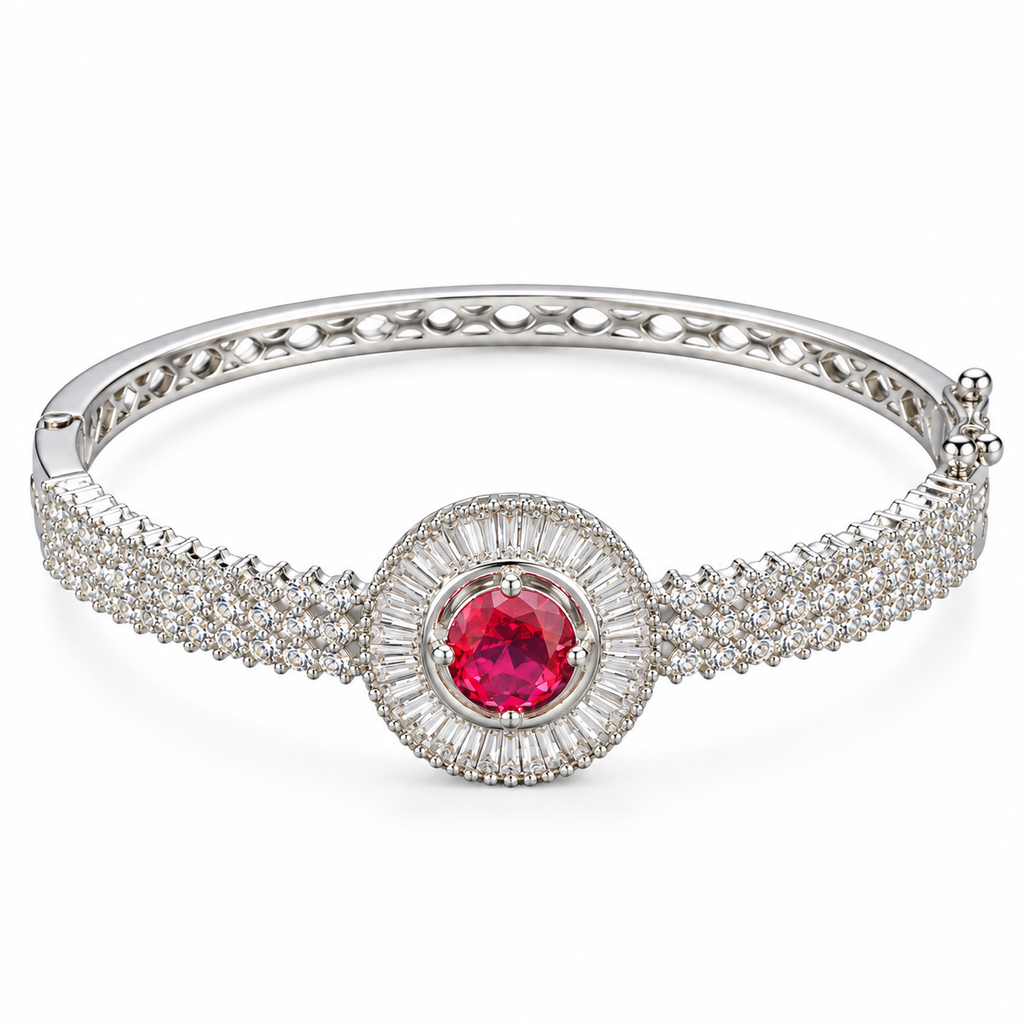 Ruby Red Crystal Halo Silver-Tone Bangle Bracelet | سوار مفتوح باللون الفضي مرصع بكريستال أحمر ياقوتي