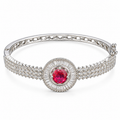 Ruby Red Crystal Halo Silver-Tone Bangle Bracelet | سوار مفتوح باللون الفضي مرصع بكريستال أحمر ياقوتي
