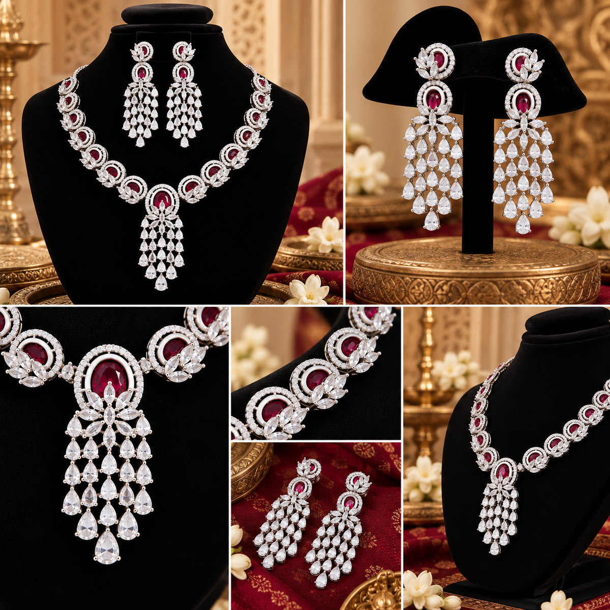 Elegant Ruby Crystal Chandelier Necklace & Earrings Set | طقم عقد وأقراط متدلية بأحجار كريستالية أنيقة