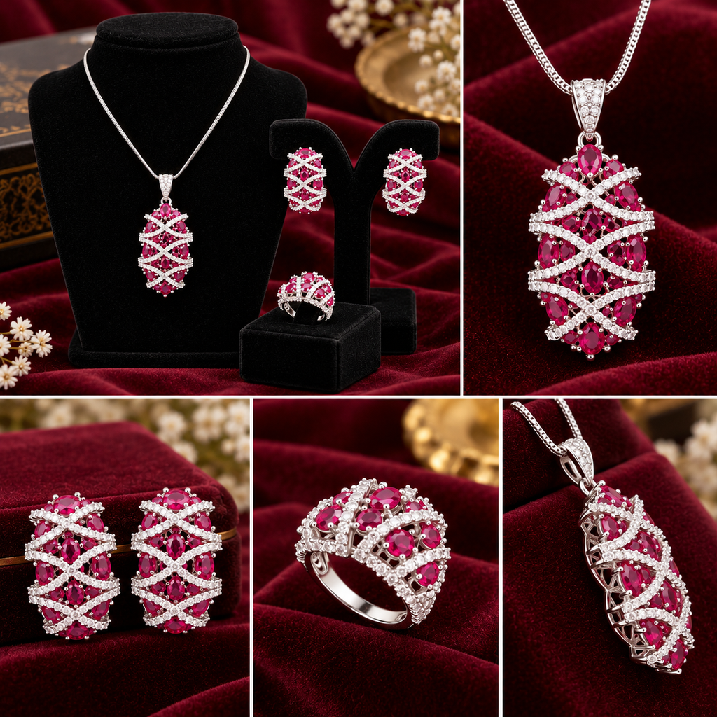Ruby Red Pendant, Earrings & Ring Set | طقم قلادة وأقراط وخاتم باللون الأحمر الياقوتي