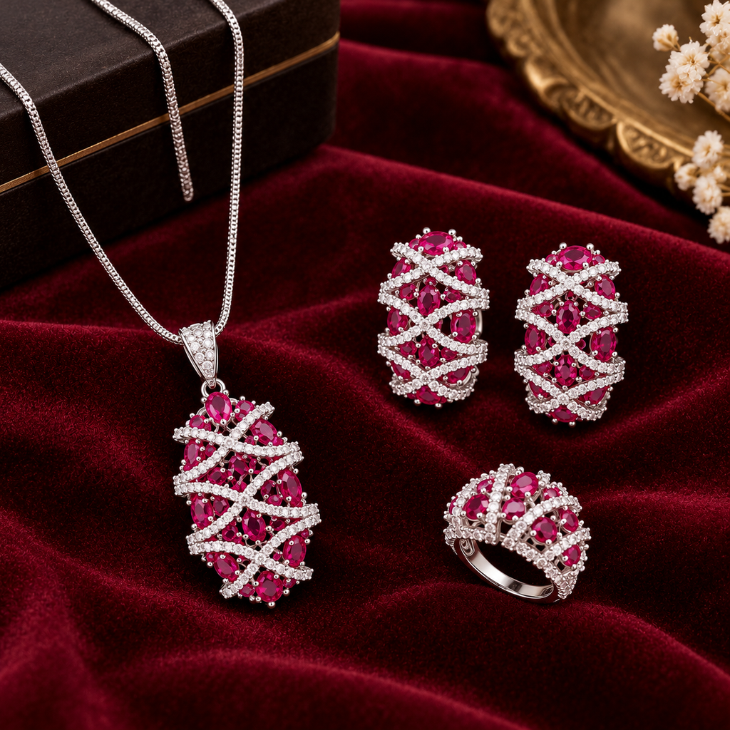 Ruby Red Pendant, Earrings & Ring Set | طقم قلادة وأقراط وخاتم باللون الأحمر الياقوتي