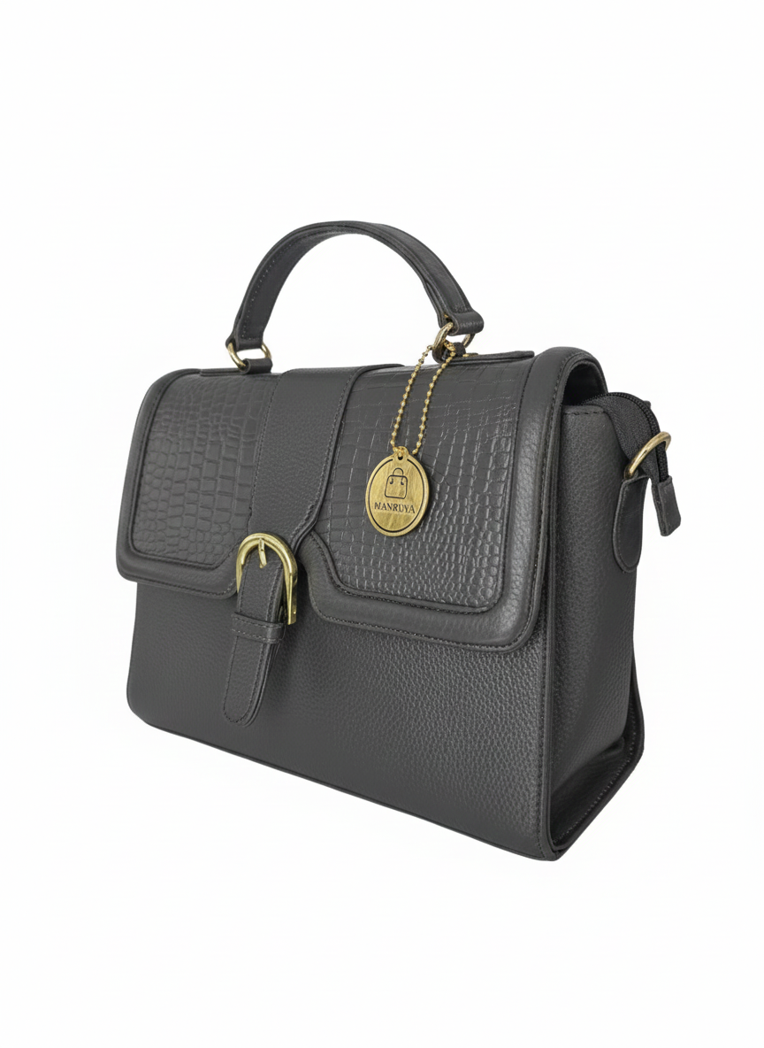 Grey Flap Croc Structured Handbag