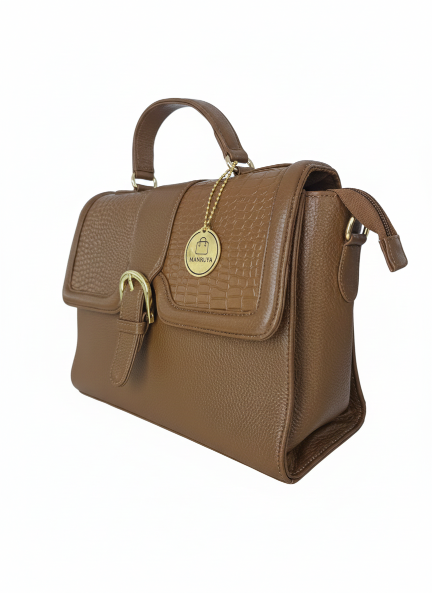 Dark Tan Flap Croc Structured Handbag