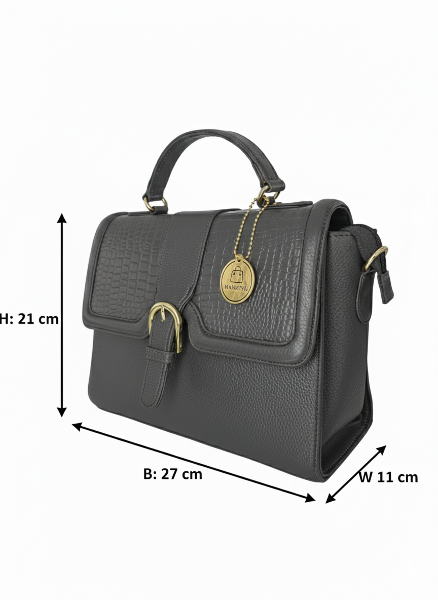 Grey Flap Croc Structured Handbag