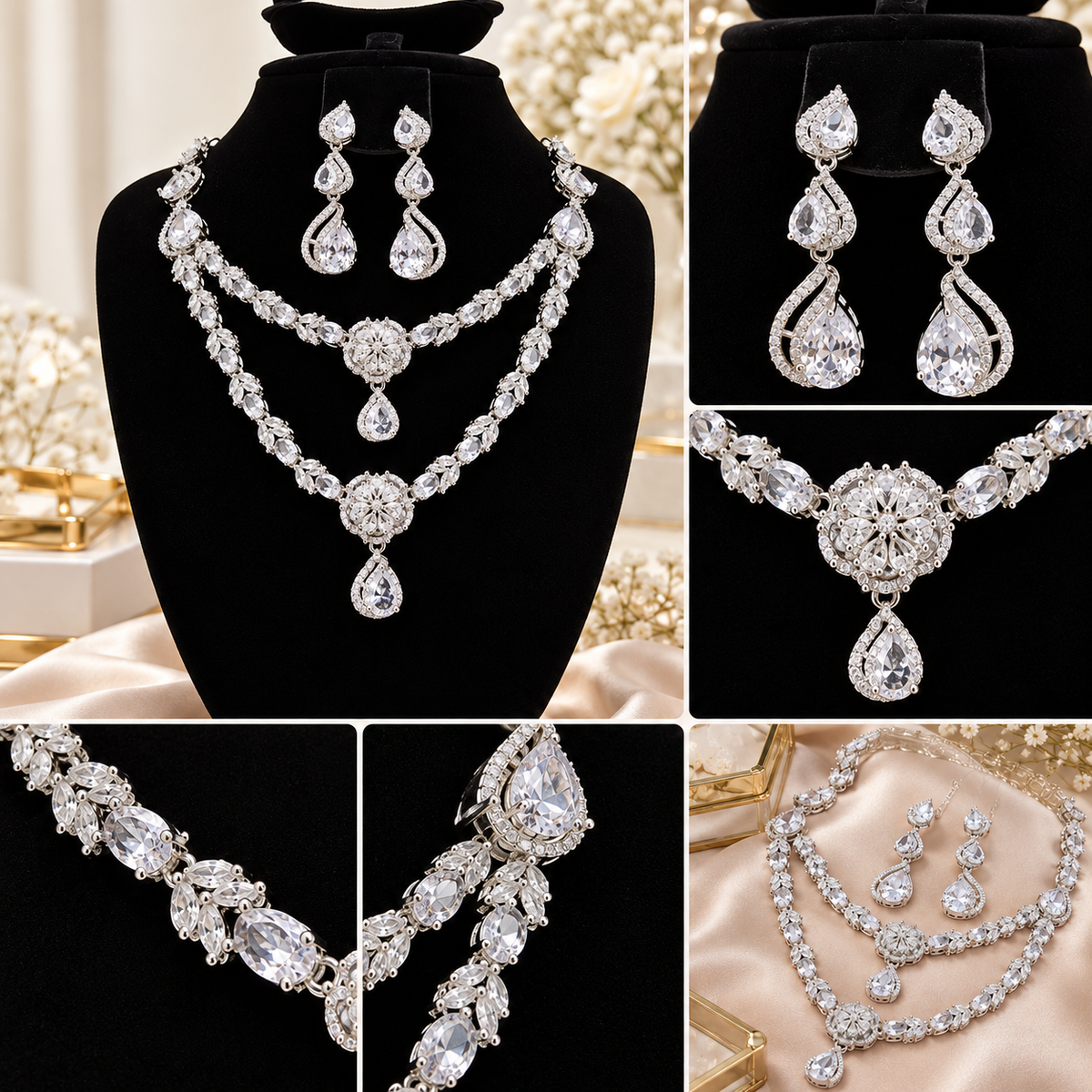 Silver-Tone Crystal Double-Layer Necklace & Chandelier Earrings Set | طقم عقد بطبقتين وأقراط متدلية بالكريستال واللون الفضي