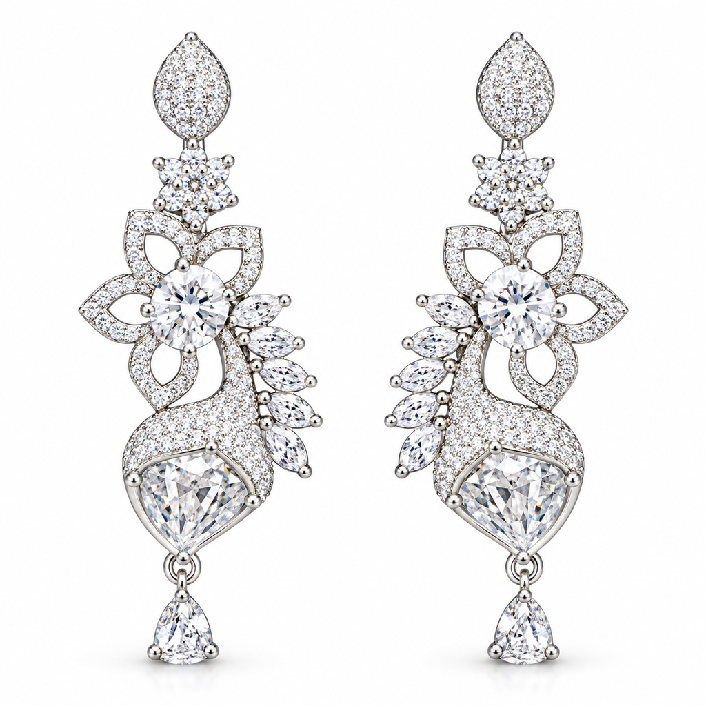 Silver-Tone Floral Crystal Drop Earrings | أقراط متدلية بتصميم زهري وكريستالي بلون فضي