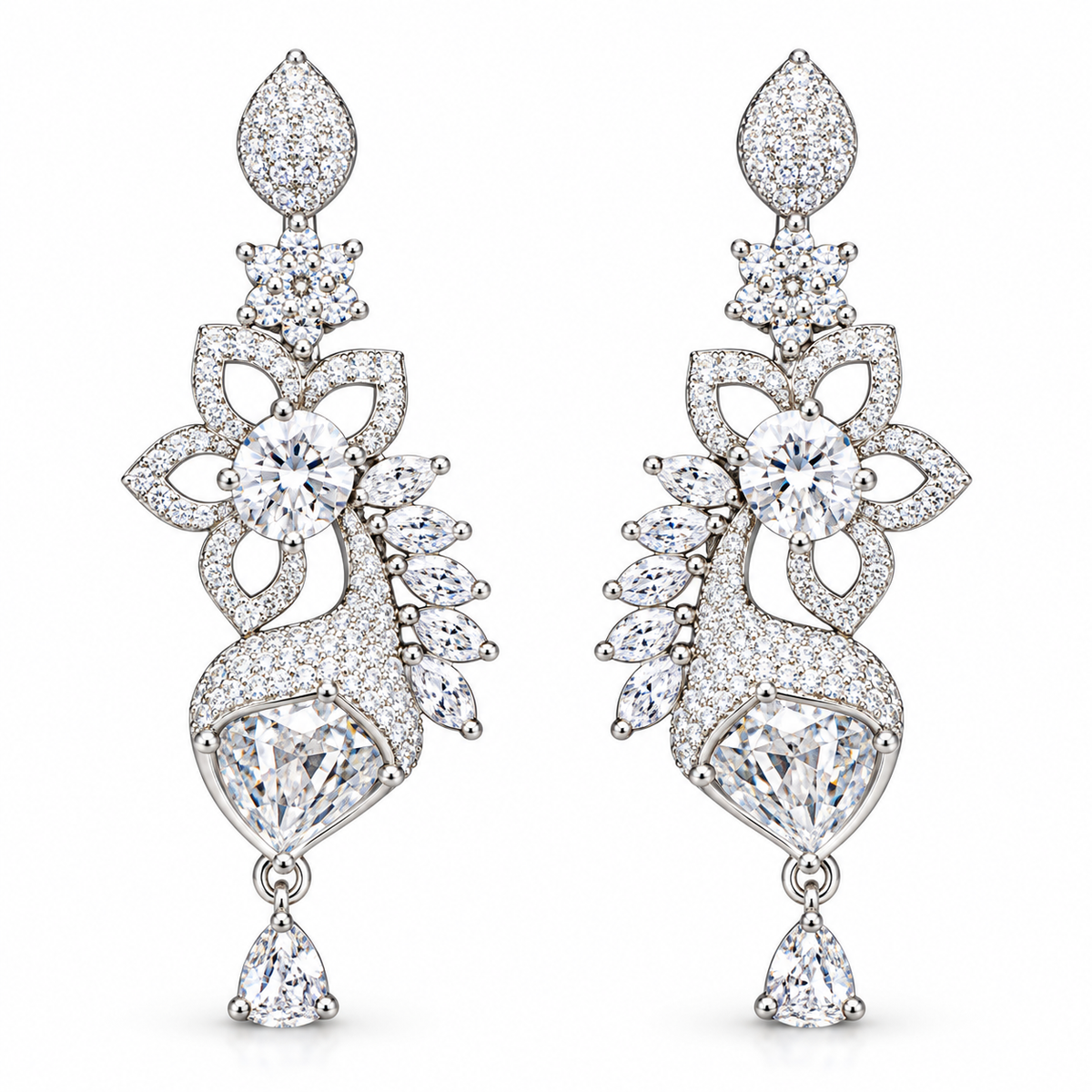 Silver-Tone Floral Crystal Drop Earrings | أقراط متدلية بتصميم زهري وكريستالي بلون فضي