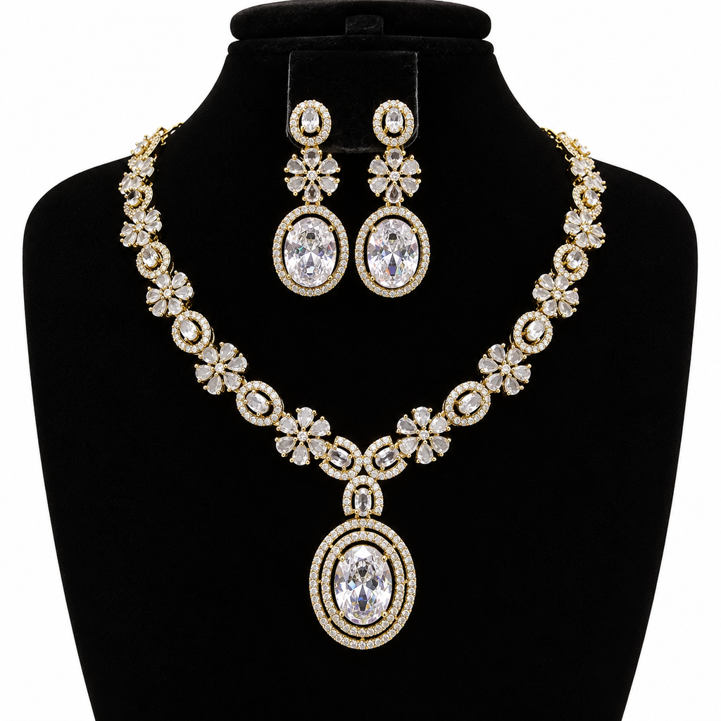 Victorian Floral Crystal Necklace & Earrings Set – Gold-Tone | طقم عقد وأقراط كريستالي بتصميم زهري فيكتوري – لون ذهبي