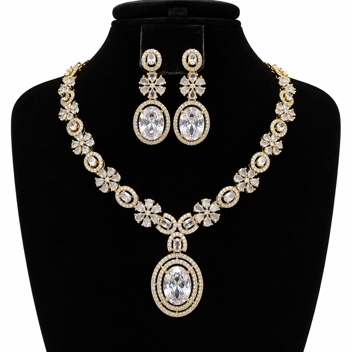 Victorian Floral Crystal Necklace & Earrings Set – Gold-Tone | طقم عقد وأقراط كريستالي بتصميم زهري فيكتوري – لون ذهبي