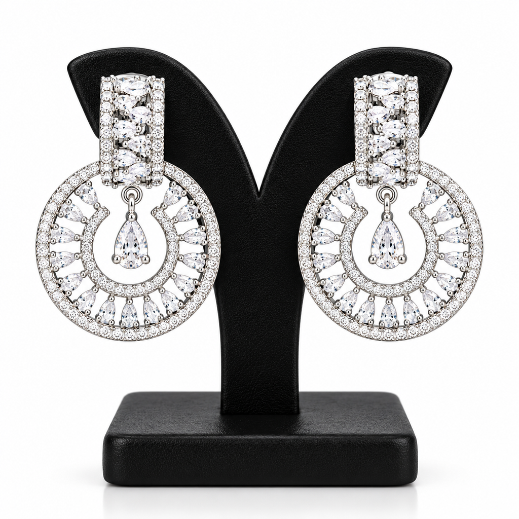 Silver-Tone Crystal Halo Drop Earrings | أقراط متدلية بتصميم هالة كريستالية بلون فضي