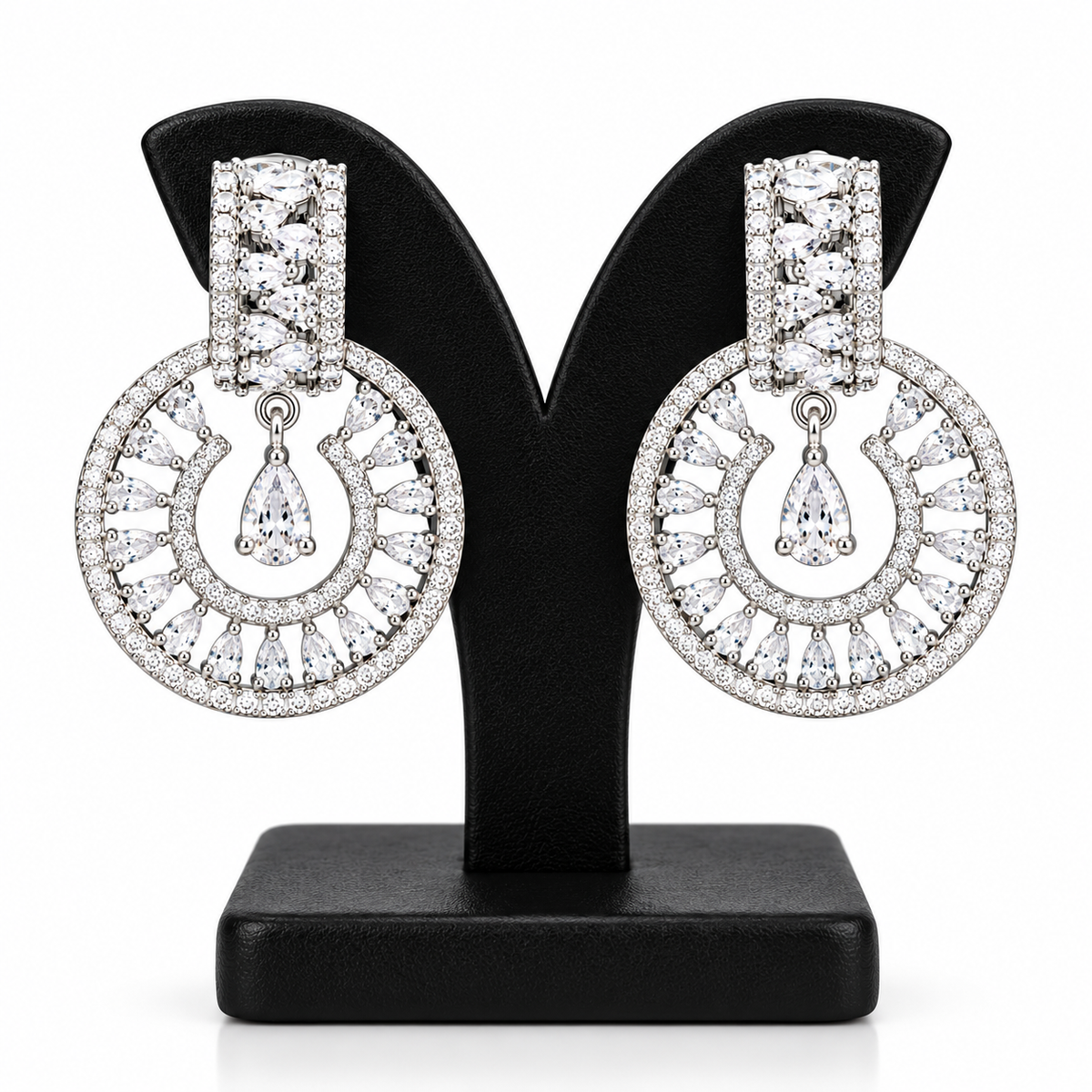 Silver-Tone Crystal Halo Drop Earrings | أقراط متدلية بتصميم هالة كريستالية بلون فضي