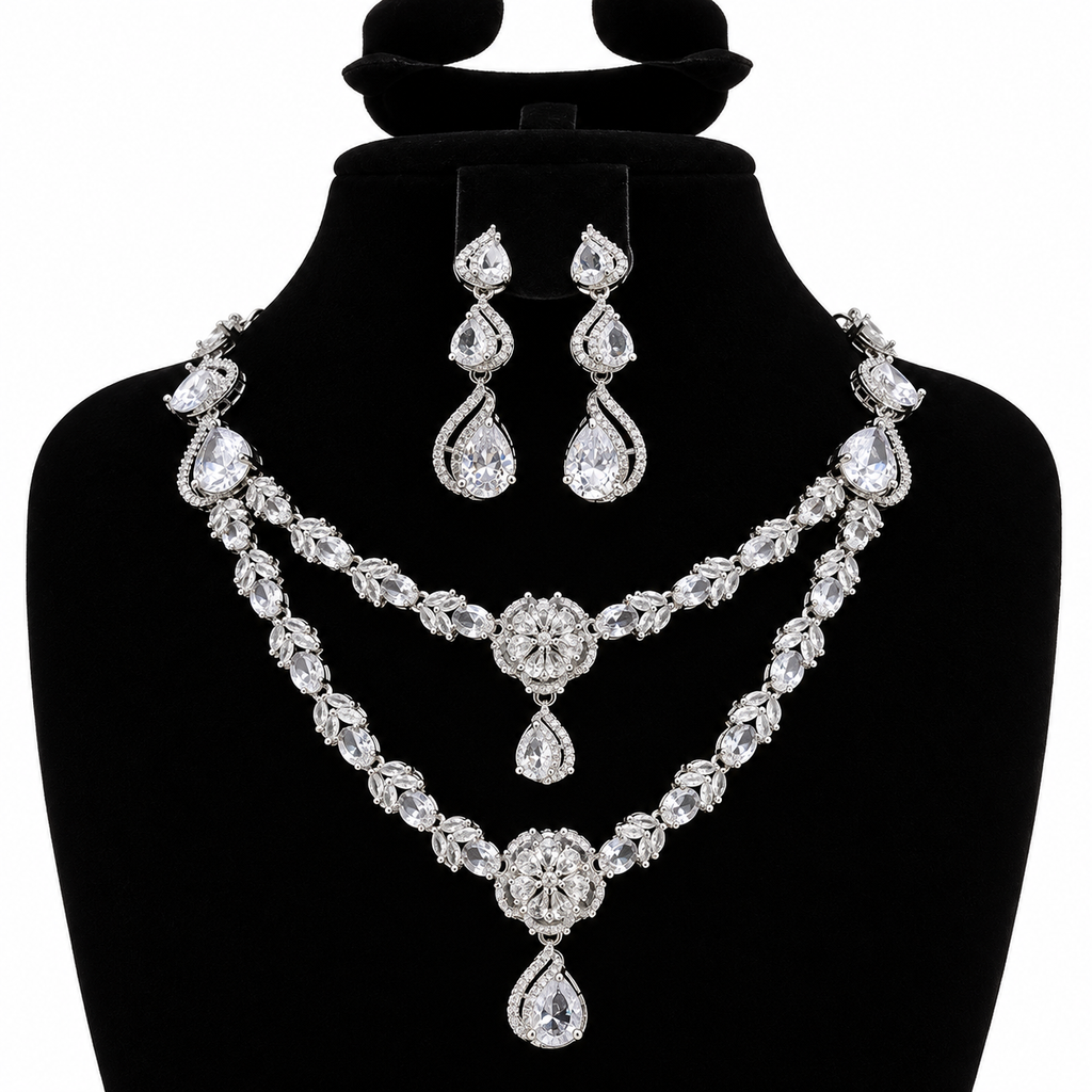 Silver-Tone Crystal Double-Layer Necklace & Chandelier Earrings Set | طقم عقد بطبقتين وأقراط متدلية بالكريستال واللون الفضي