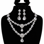Silver-Tone Crystal Double-Layer Necklace & Chandelier Earrings Set | طقم عقد بطبقتين وأقراط متدلية بالكريستال واللون الفضي