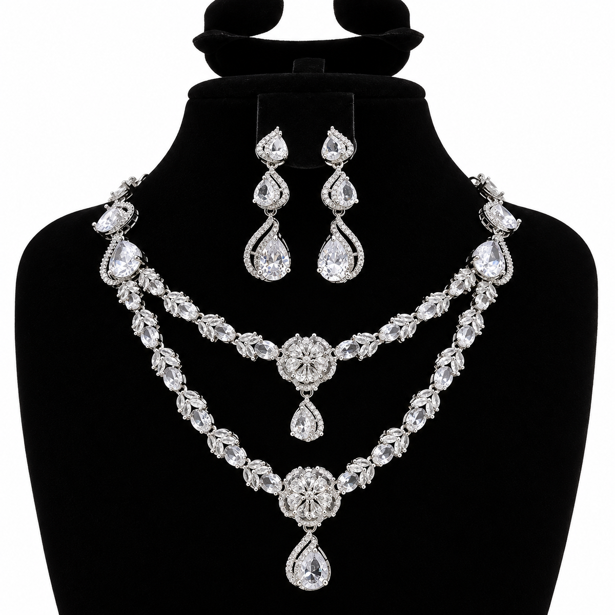 Silver-Tone Crystal Double-Layer Necklace & Chandelier Earrings Set | طقم عقد بطبقتين وأقراط متدلية بالكريستال واللون الفضي