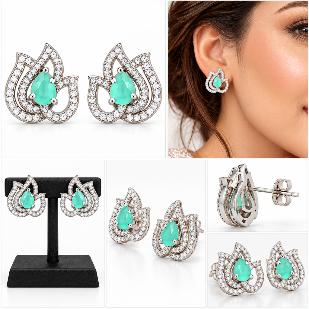 Elegant Lotus Design Crystal Stud Earrings | أقراط كريستالية بتصميم زهرة اللوتس الأنيق