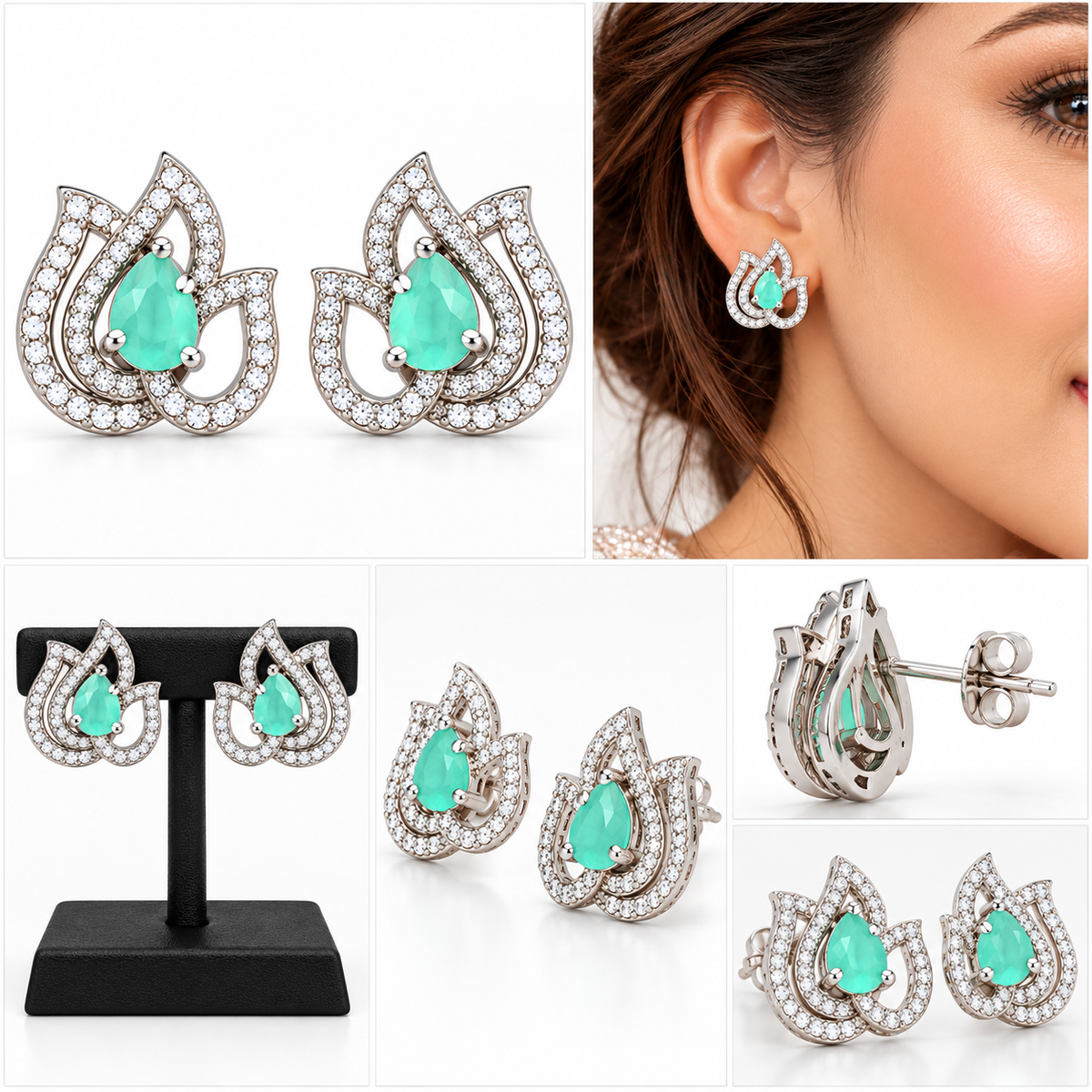 Elegant Lotus Design Crystal Stud Earrings | أقراط كريستالية بتصميم زهرة اللوتس الأنيق
