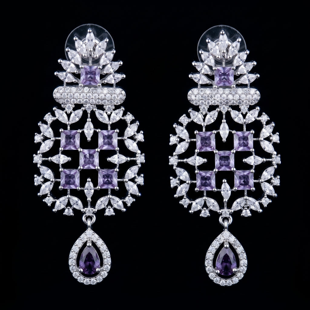 Royal Purple Amethyst Chandelier Drop Earrings – Luxury CZ Silver Danglers | أقراط بنفسجية فاخرة