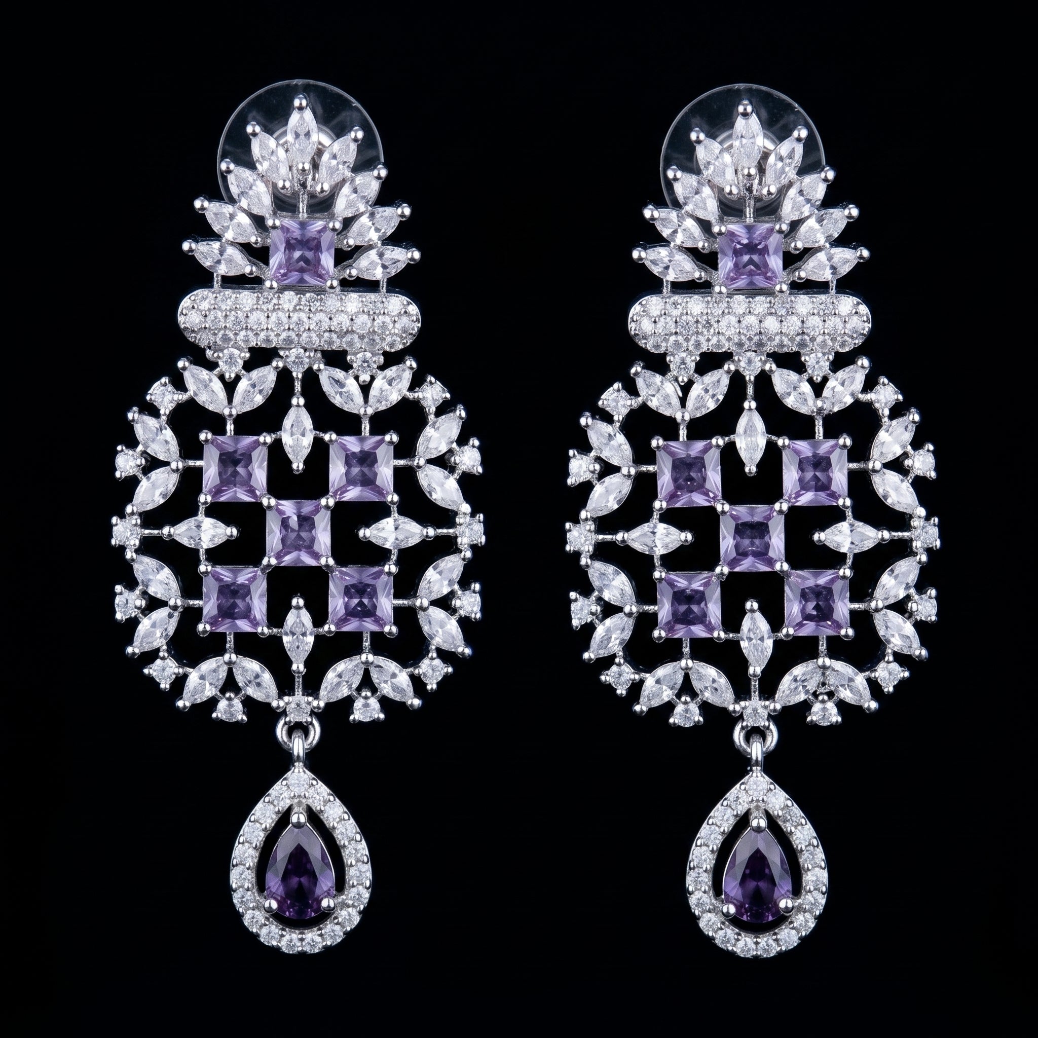 Royal Purple Amethyst Chandelier Drop Earrings – Luxury CZ Silver Danglers | أقراط بنفسجية فاخرة