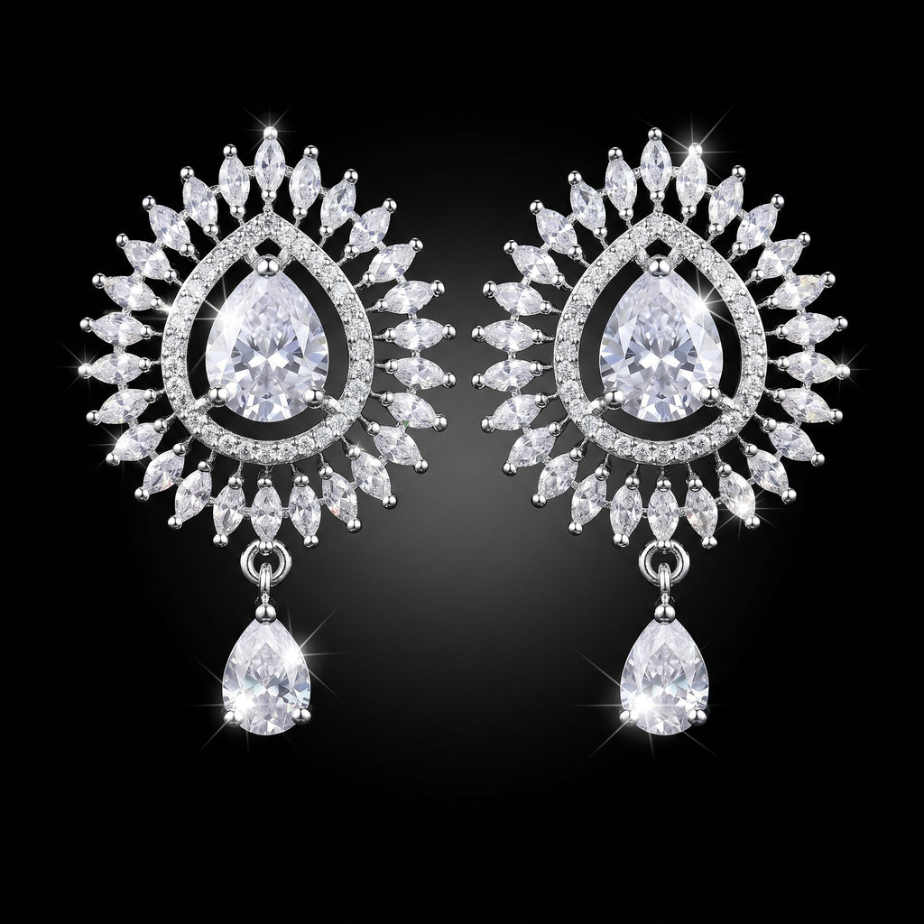 Luxury Diamond White CZ Sunburst Halo Drop Earrings – Elegant TearDrop Danglers | أقراط زركون ألماسية
