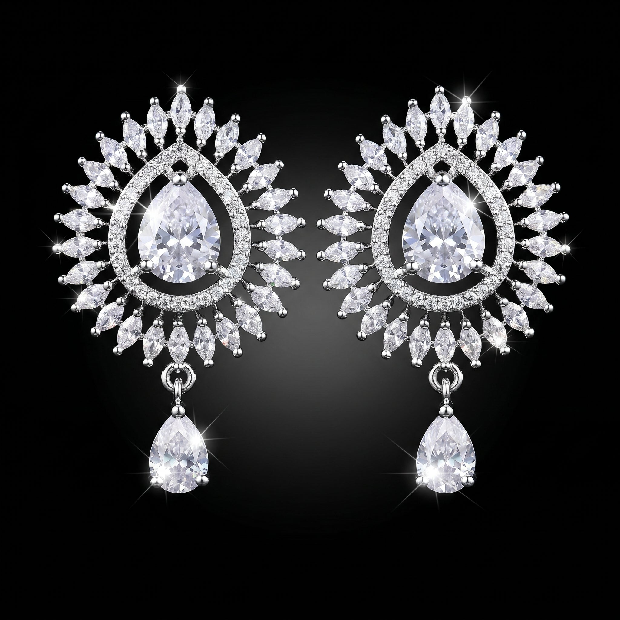 Luxury Diamond White CZ Sunburst Halo Drop Earrings – Elegant TearDrop Danglers | أقراط زركون ألماسية