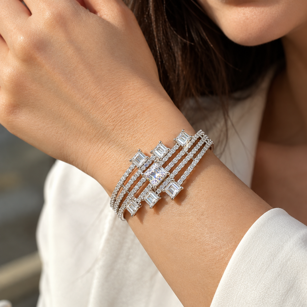 Silver-Tone Multi-Row Geometric Bangle Bracelet | سوار هندسي متعدد الصفوف بلون فضي