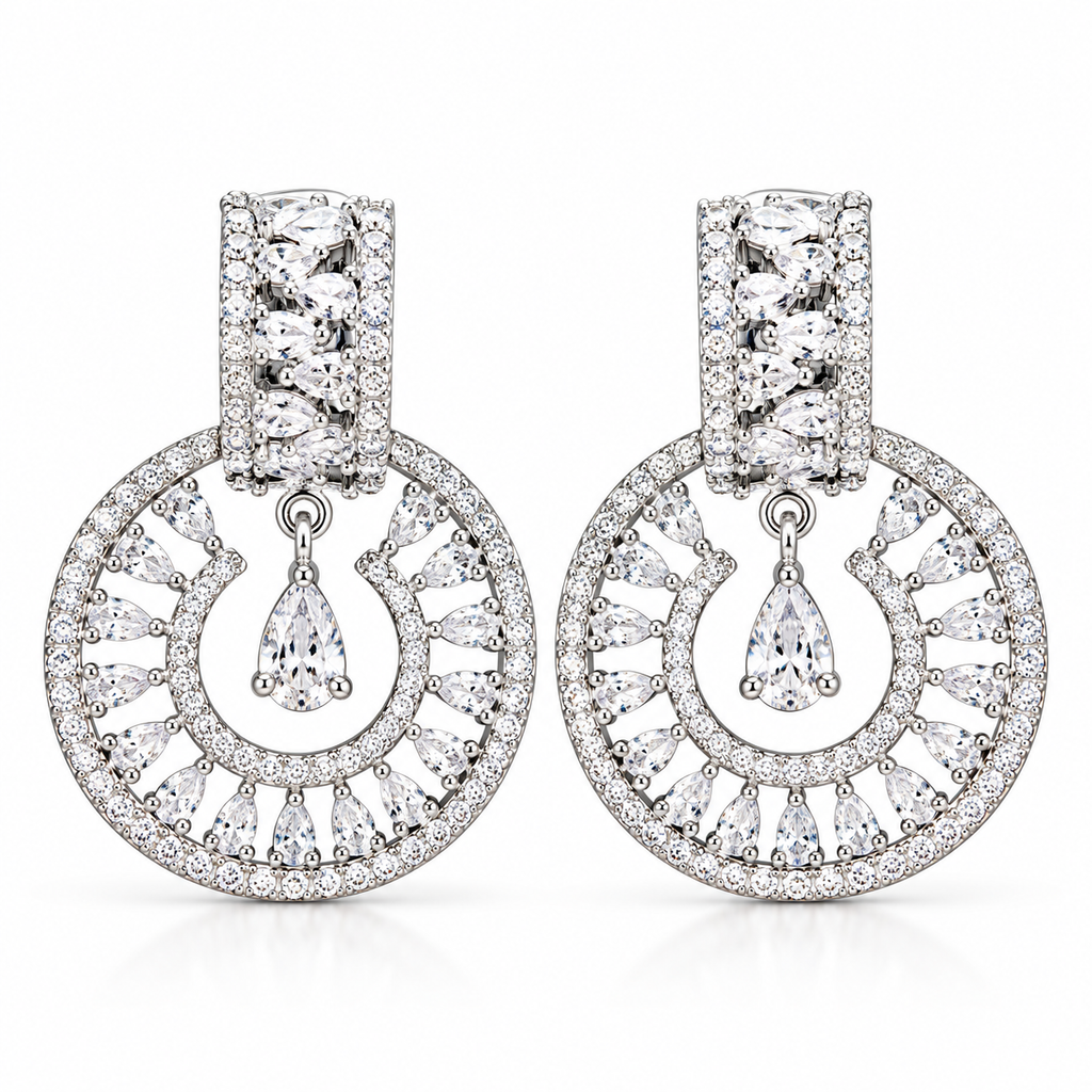 Silver-Tone Crystal Halo Drop Earrings | أقراط متدلية بتصميم هالة كريستالية بلون فضي