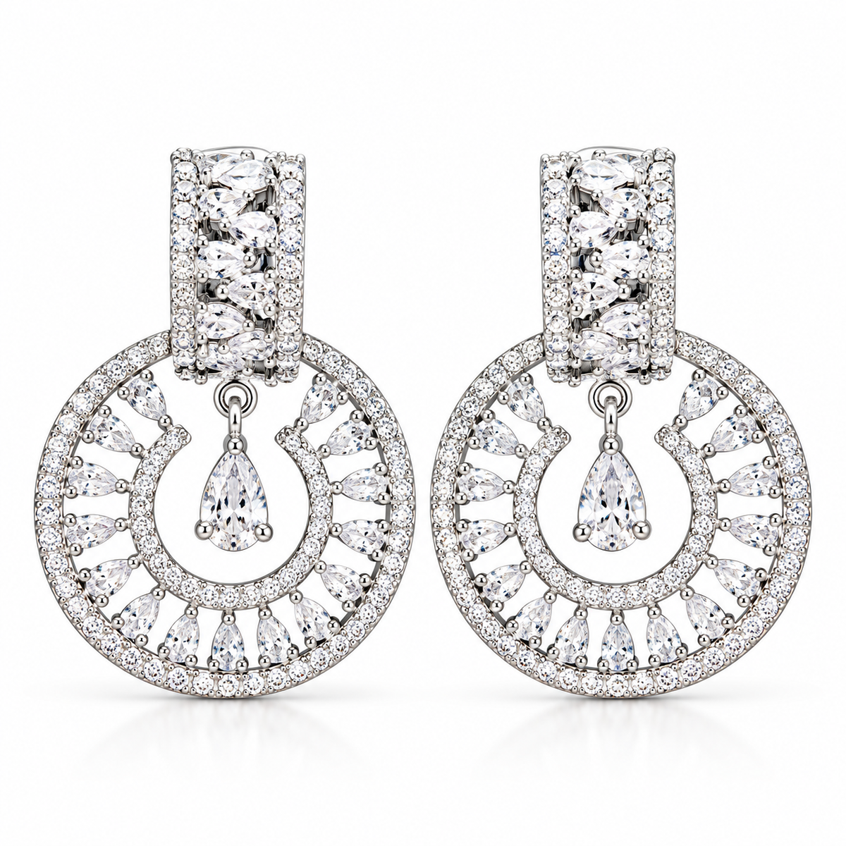 Silver-Tone Crystal Halo Drop Earrings | أقراط متدلية بتصميم هالة كريستالية بلون فضي