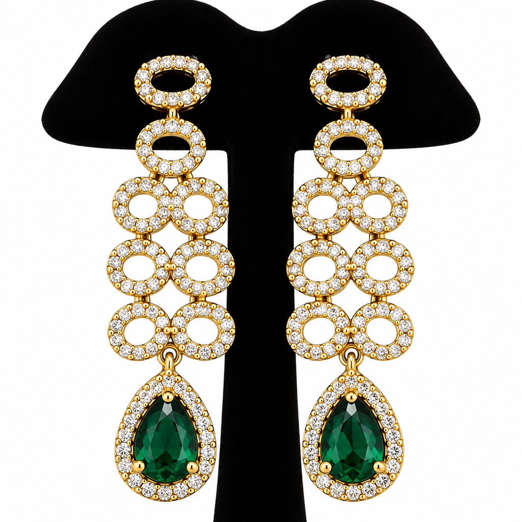 Emerald Green & Gold-Tone Chandelier Necklace and Earrings Set | طقم عقد وأقراط متدلية باللون الأخضر الزمردي والذهبي