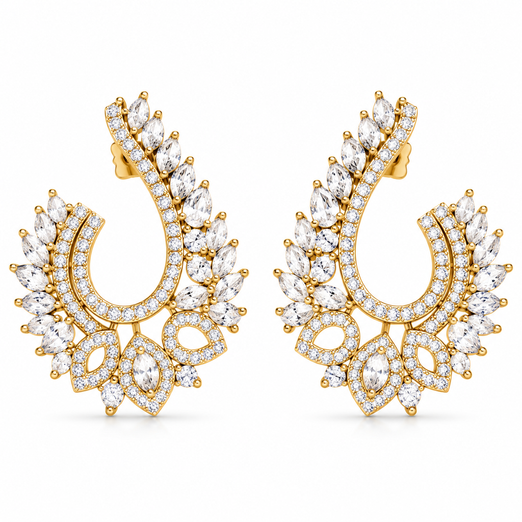 Gold-Tone Leaf Design Crystal Statement Earrings | أقراط بارزة بتصميم أوراق وأحجار كريستالية بلون ذهبي