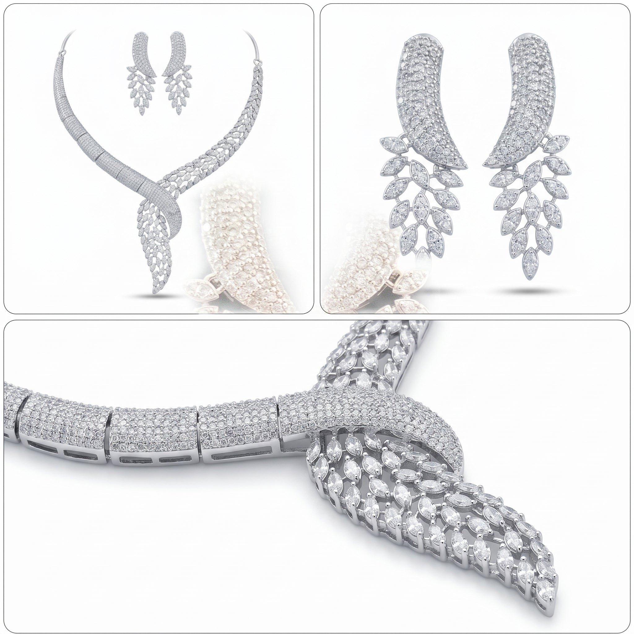 Luxury Crystal Leaf Necklace & Earring Set for Women | طقم عقد وأقراط كريستال فاخر للنساء