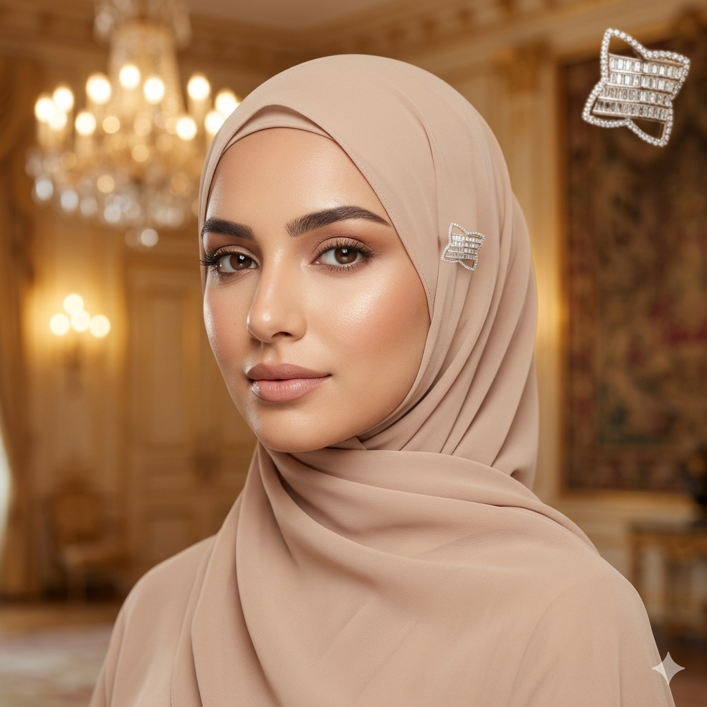 Luxury Crystal Hijab Brooch Silver Finish | بروش حجاب كريستال فاخر فضي