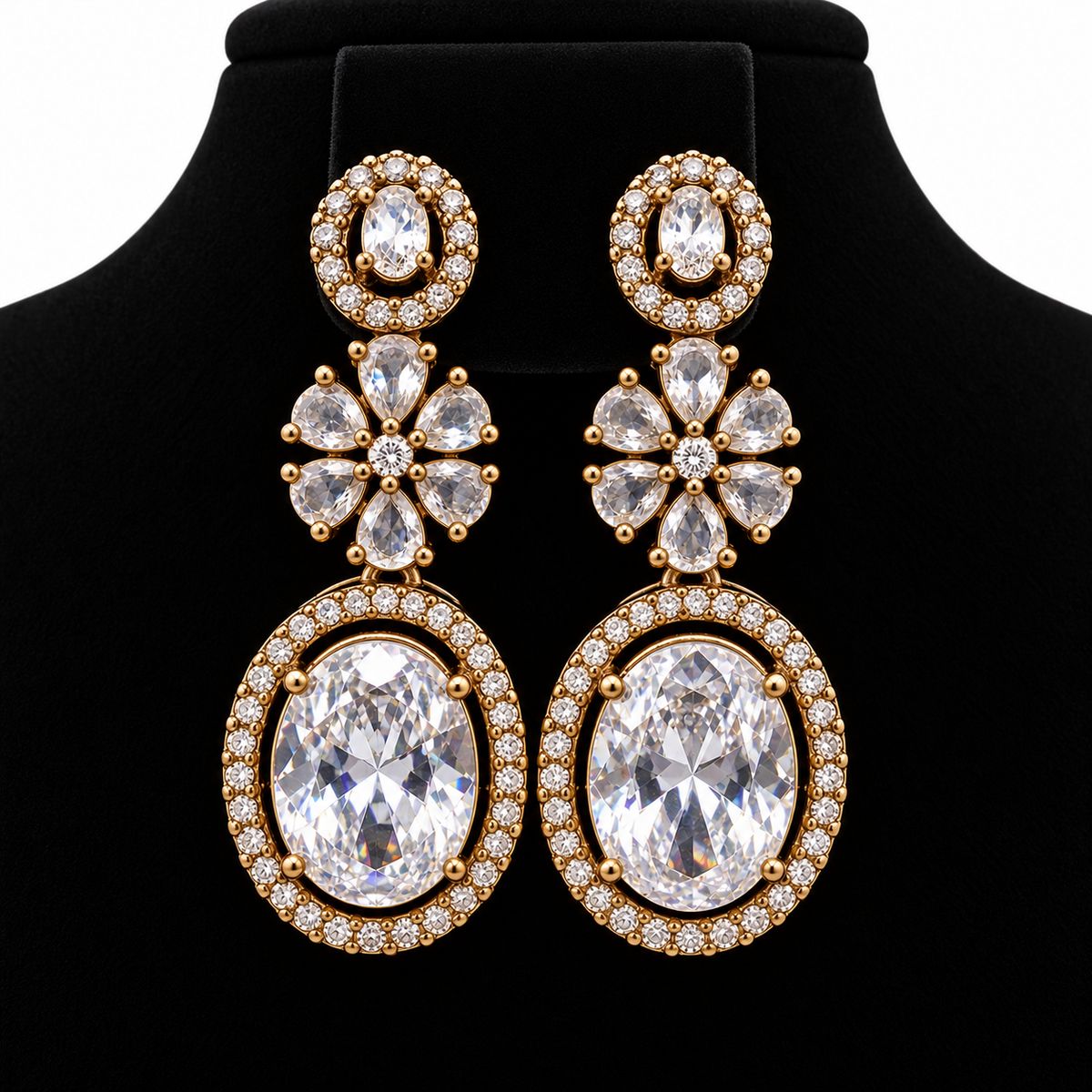 Victorian Floral Crystal Necklace & Earrings Set – Gold-Tone | طقم عقد وأقراط كريستالي بتصميم زهري فيكتوري – لون ذهبي