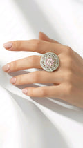 Manruya Pink Blossom Halo Statement Ring - Rhodium-Plated Adjustable Cocktail Ring