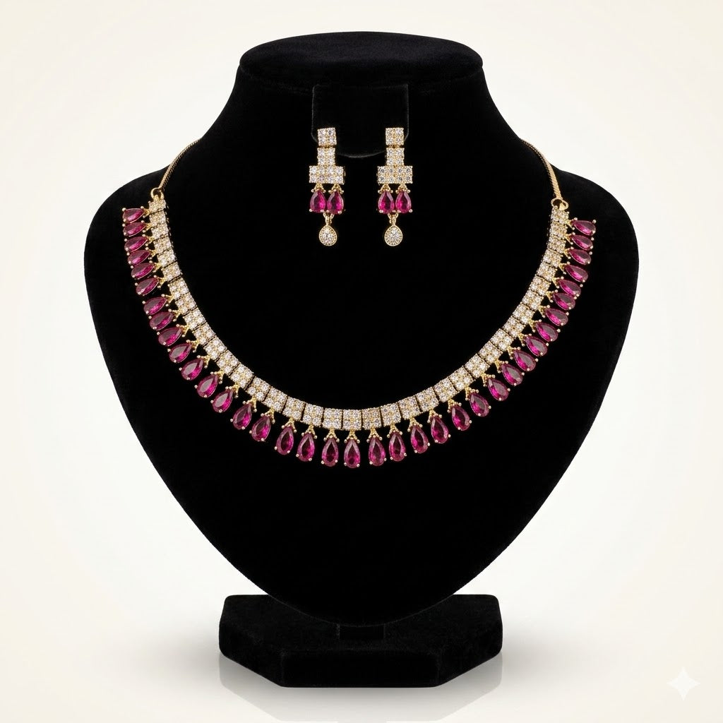 Victorian Ruby Drop Necklace & Earring Set for Women | طقم عقد وأقراط فيكتوري فاخر بحجر روبي للنساء